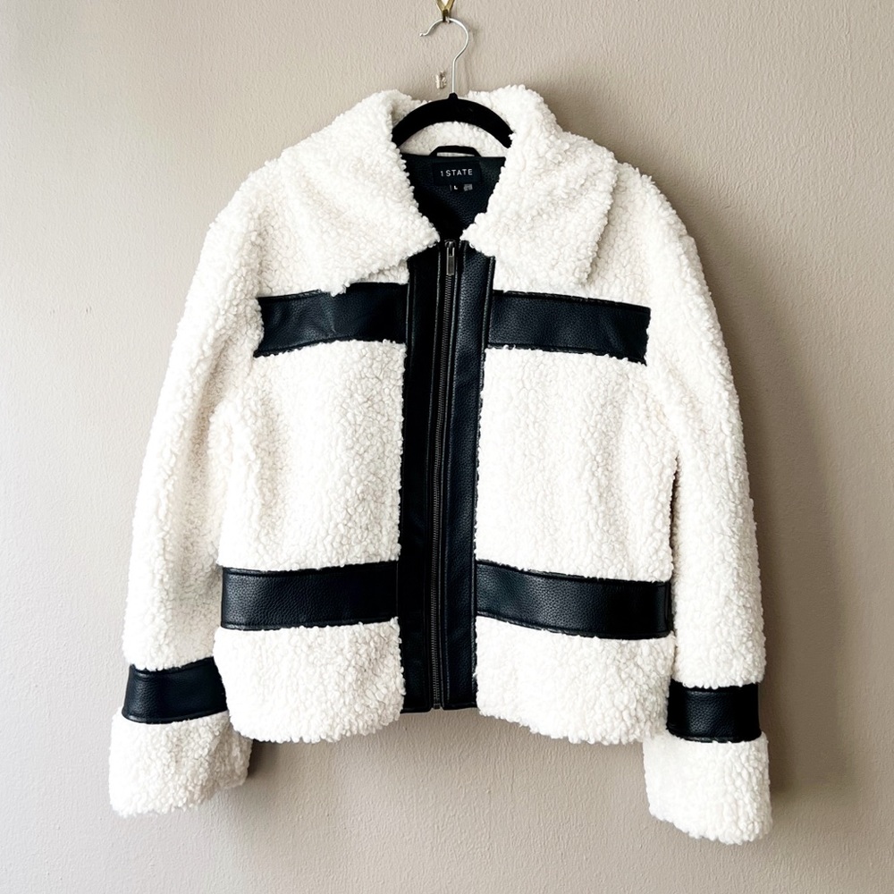 1. State faux shearling & leather moto bomber jacket in ivory/black